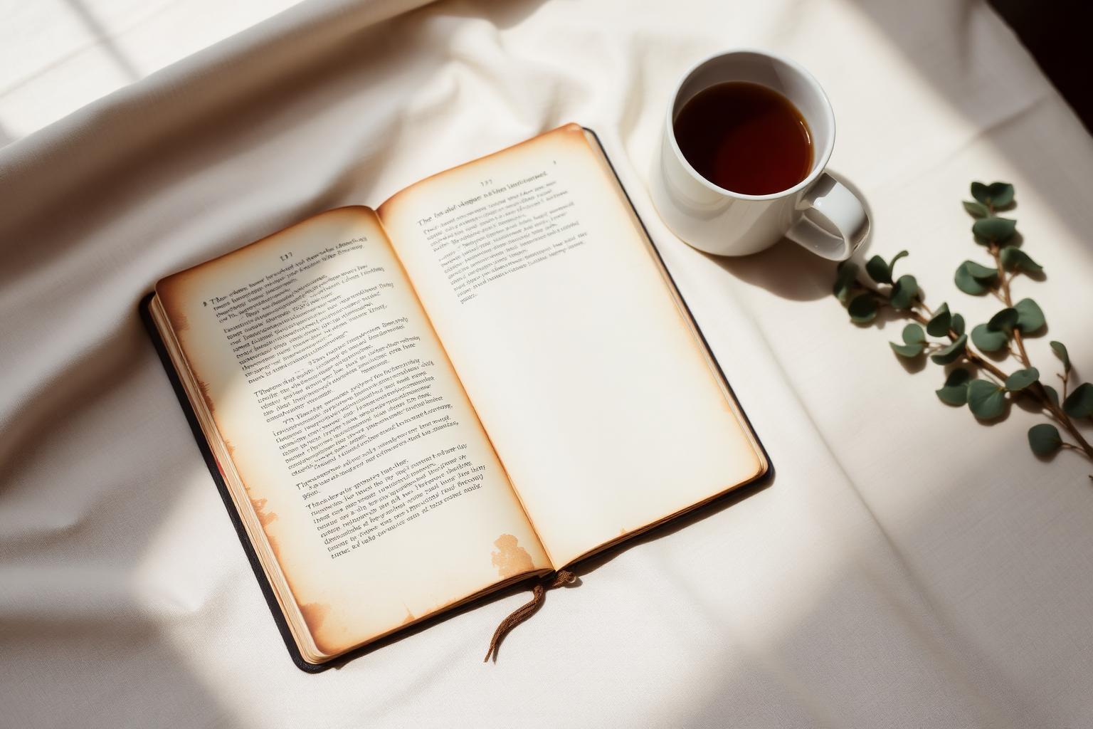 An open journal beside a cup of tea